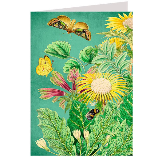 Glittered Flowers on Aqua Beautiful Floral Card ~ England